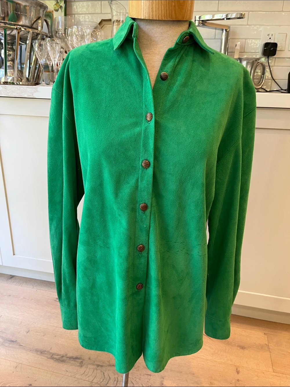 Vintage Spring Green Button-Front Women's Suede Shacket with metal buttons
